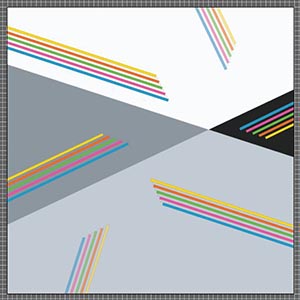 A digital mock up of a quilt top with white, grey and black background and colorful inset strips.