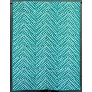 A modern improvisational striped quilt using two shades of aqua.