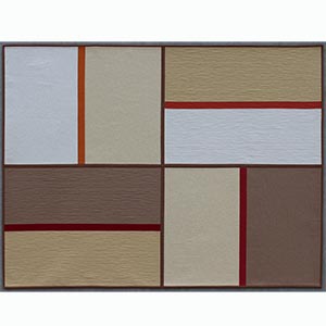 A modern neutral colored quilt with strips of cedar to dark red fabrics.